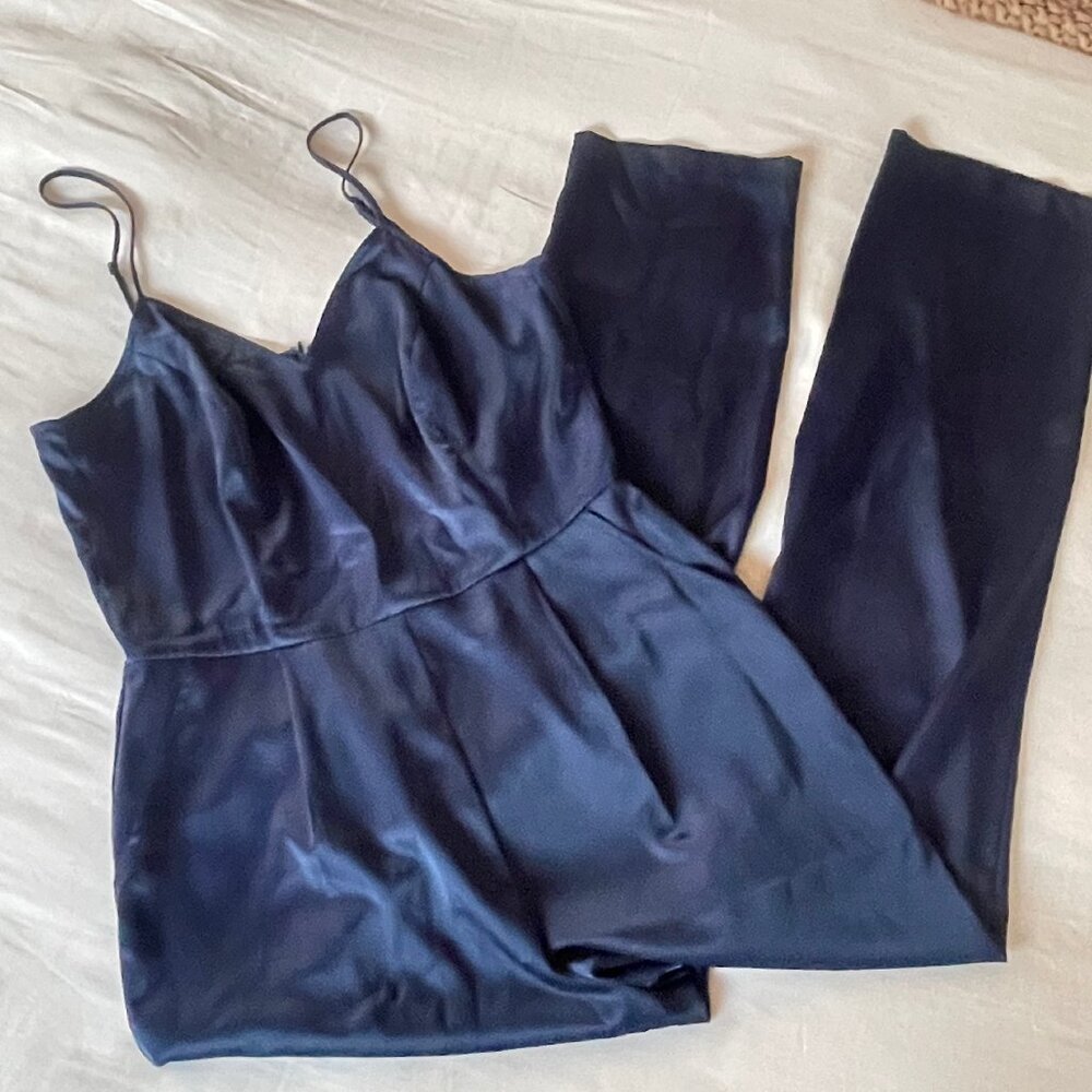 Lulus Touch of Heaven Navy Blue Satin Sleeveless Jumpsuit